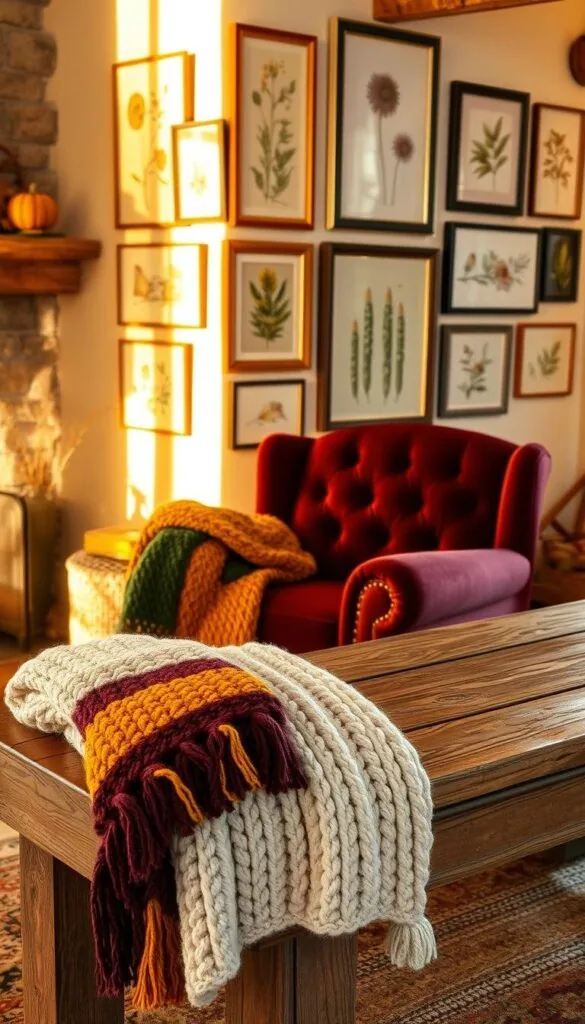 A cozy corner of a rustic living room, bathed in warm, golden light from a nearby fireplace. In the foreground, a plush, knitted throw in a rich autumn palette of burgundy, mustard, and forest green casually drapes over a tufted velvet armchair. In the middle ground, a fluffy knitted blanket in a cable knit pattern is folded neatly at the end of a weathered wooden bench, inviting visitors to curl up and relax. Behind, a gallery wall displays an assortment of framed botanical prints and nature-inspired artwork, creating a serene, nature-inspired ambiance. The overall scene evokes a sense of comfort, coziness, and the enchanting spirit of the fall season.