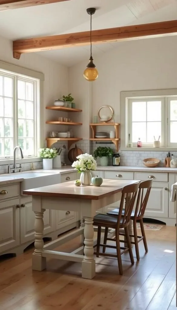 A cozy cottage kitchen bathed in warm, inviting hues. Soft, muted tones of sage green, creamy ivory, and honey-hued wood tones create a harmonious palette. The sun streams in through a large window, casting a gentle glow over the space. Rustic wooden beams and shelves are juxtaposed with delicate floral accents and weathered, distressed textures. A farmhouse-style table and chairs sit at the center, inviting leisurely meals and conversation. Subtle details like antique brass hardware and a vintage-inspired backsplash add character and charm. The overall atmosphere evokes a sense of comfort, tradition, and timeless style.
