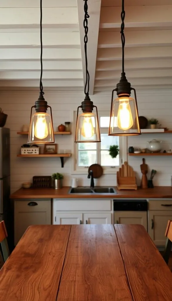 A cozy cottage kitchen interior with warm lighting from a trio of rustic metal and glass pendant fixtures suspended over a weathered wooden farmhouse table. The pendants emit a soft, ambient glow, casting a gentle light across the kitchen's natural wood tones, white shiplap walls, and vintage-inspired decor. The scene conveys a charming, welcoming atmosphere, perfect for a relaxed, intimate gathering in a quaint country home.