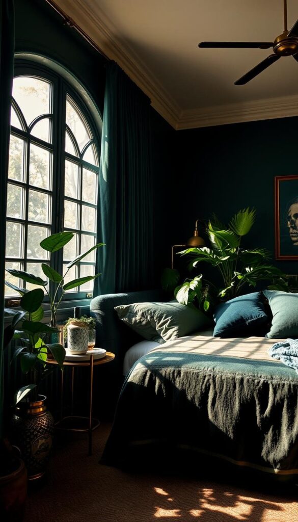 A cozy, dark green bedroom with complementary accents. Soft ambient lighting casts a warm glow, highlighting the rich, velvety textures of the bedding and curtains. Lush, leafy plants in ceramic pots add pops of vibrant green, while brass and gold-tone fixtures and decor elements create a luxurious, slightly vintage feel. The overall atmosphere is one of serene sophistication, inviting relaxation and tranquility. A large, arched window floods the space with natural light, casting dramatic shadows and adding depth to the scene. The camera angle is slightly elevated, capturing the bedroom's inviting ambiance in a visually compelling way.