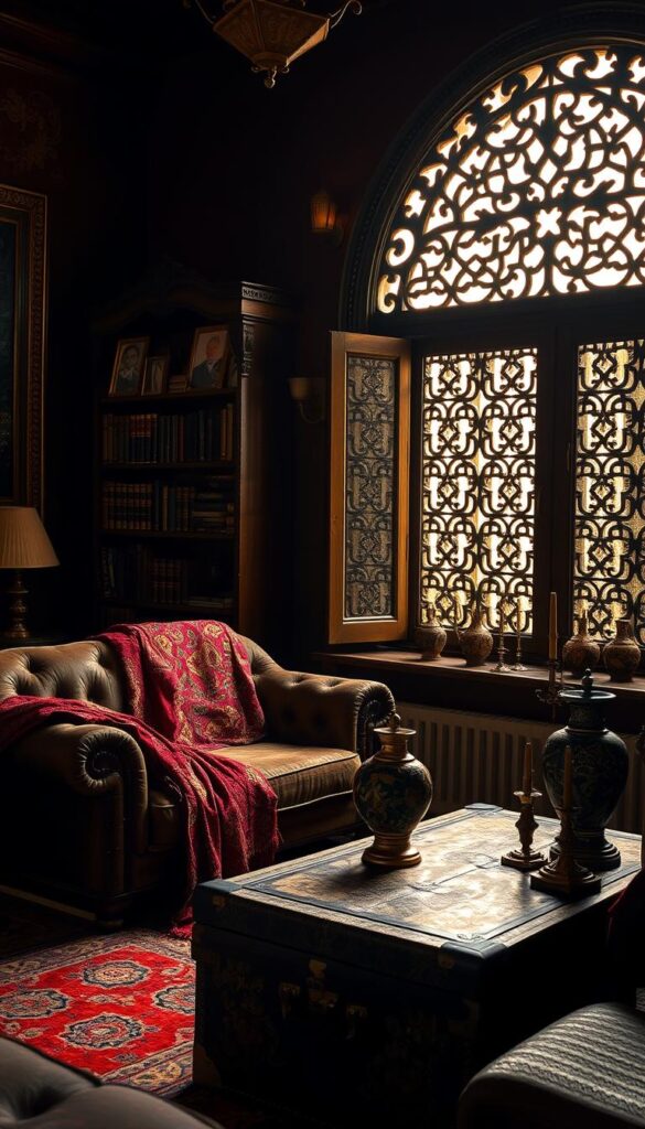 A cozy, dimly lit Indian vintage living room, filled with rich tapestries, carved wooden furniture, and ornate brass accents. In the foreground, a plush, tufted sofa draped with a vibrant paisley throw. Beside it, a vintage trunk repurposed as a coffee table, topped with intricately patterned ceramic vases and brass candlesticks. In the middle ground, a carved wooden bookshelf adorned with aged leather-bound books and brass-framed family portraits. The background features a large, ornate window with intricate latticework, allowing soft, warm light to filter in, casting a golden glow across the room. The overall atmosphere is one of timeless elegance and cultural heritage. A cozy, dimly lit Indian vintage living room, filled with rich tapestries, carved wooden furniture, and ornate brass accents. In the foreground, a plush, tufted sofa draped with a vibrant paisley throw. Beside it, a vintage trunk repurposed as a coffee table, topped with intricately patterned ceramic vases and brass candlesticks. In the middle ground, a carved wooden bookshelf adorned with aged leather-bound books and brass-framed family portraits. The background features a large, ornate window with intricate latticework, allowing soft, warm light to filter in, casting a golden glow across the room. The overall atmosphere is one of timeless elegance and cultural heritage.