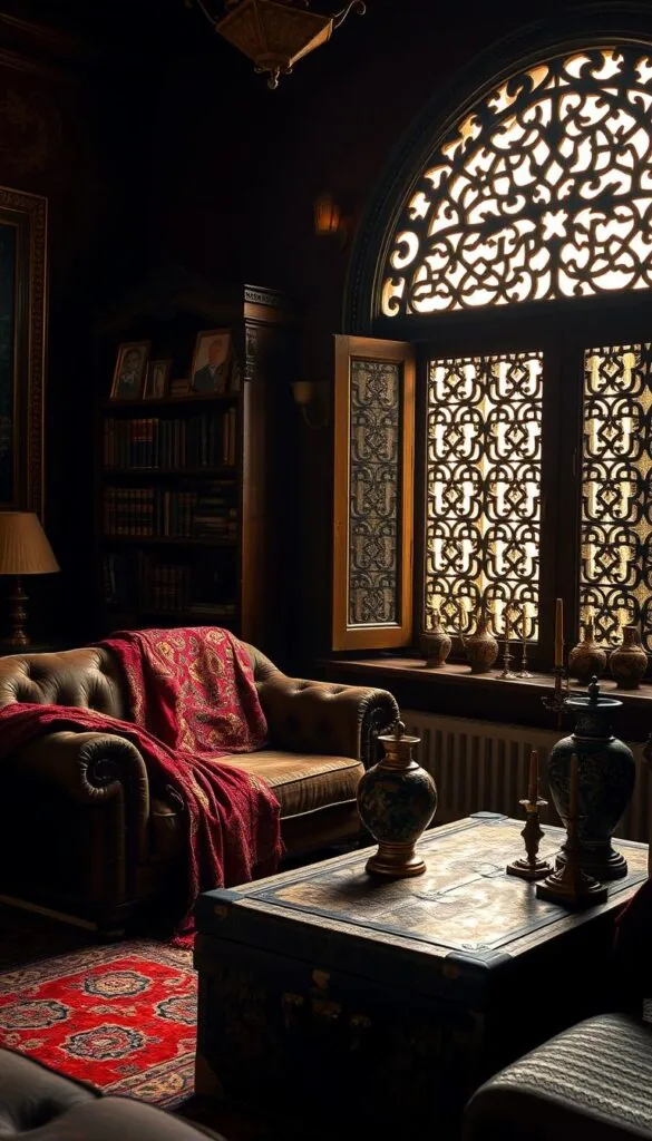 A cozy, dimly lit Indian vintage living room, filled with rich tapestries, carved wooden furniture, and ornate brass accents. In the foreground, a plush, tufted sofa draped with a vibrant paisley throw. Beside it, a vintage trunk repurposed as a coffee table, topped with intricately patterned ceramic vases and brass candlesticks. In the middle ground, a carved wooden bookshelf adorned with aged leather-bound books and brass-framed family portraits. The background features a large, ornate window with intricate latticework, allowing soft, warm light to filter in, casting a golden glow across the room. The overall atmosphere is one of timeless elegance and cultural heritage. A cozy, dimly lit Indian vintage living room, filled with rich tapestries, carved wooden furniture, and ornate brass accents. In the foreground, a plush, tufted sofa draped with a vibrant paisley throw. Beside it, a vintage trunk repurposed as a coffee table, topped with intricately patterned ceramic vases and brass candlesticks. In the middle ground, a carved wooden bookshelf adorned with aged leather-bound books and brass-framed family portraits. The background features a large, ornate window with intricate latticework, allowing soft, warm light to filter in, casting a golden glow across the room. The overall atmosphere is one of timeless elegance and cultural heritage.