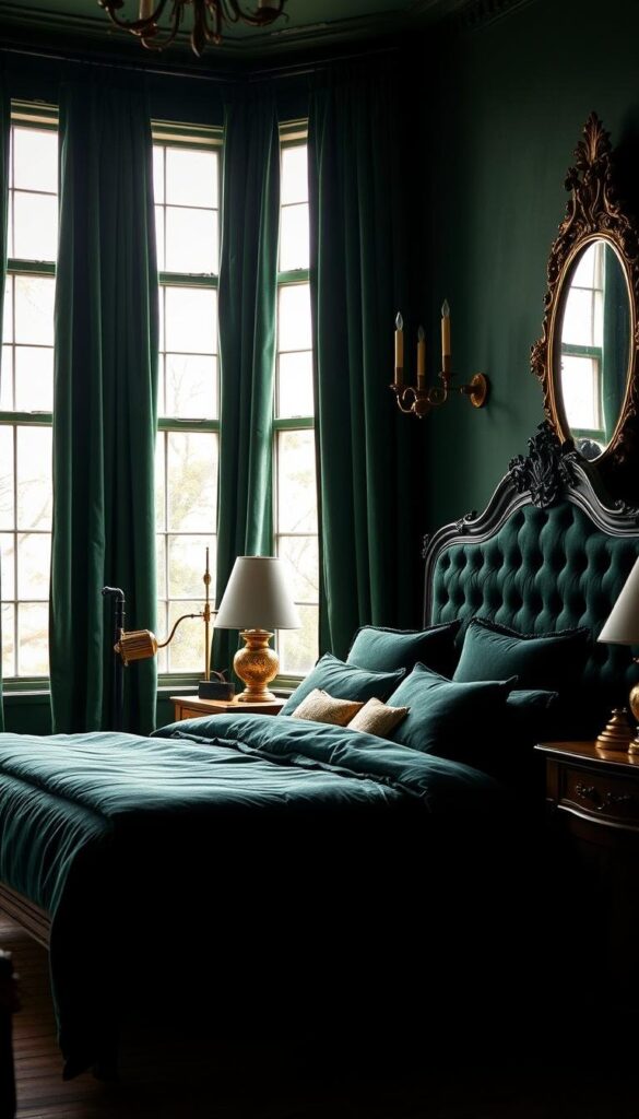 A cozy, dimly-lit bedroom bathed in a rich, earthy glow. Plush dark green velvet curtains frame a large window, allowing soft natural light to filter in. A grand, antique-style bed with a tufted headboard anchors the scene, dressed in layers of luxurious bedding in complementary shades of emerald and forest green. Eclectic decor elements like a vintage brass floor lamp, a weathered oak nightstand, and an ornate gold-framed mirror add depth and character. The atmosphere is inviting and serene, creating a peaceful, cocoon-like ambiance.