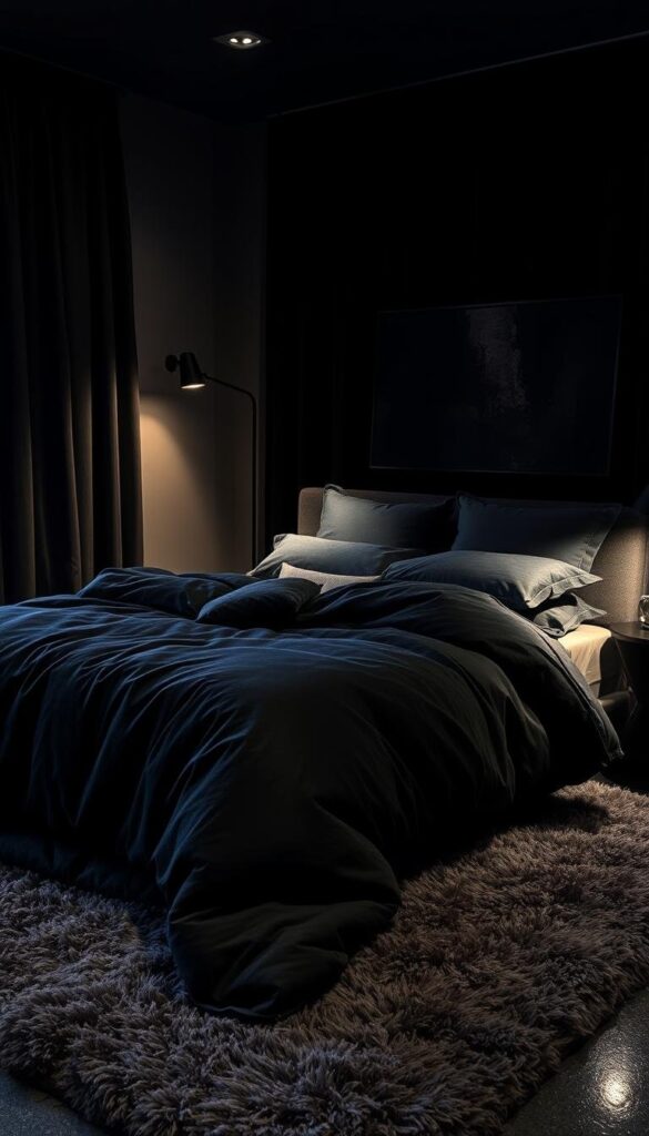 A cozy, dimly lit bedroom bathed in the warm glow of soft lighting. The focal point is a plush, inviting bed draped in luxurious black textiles, featuring a velvety duvet, silky sheets, and an array of plump, oversized pillows. Surrounding the bed are layers of textures, including a fluffy, high-pile area rug, heavy blackout curtains, and a few meticulously placed accent pieces like a sleek black side table and a moody, abstract artwork. The overall atmosphere is one of sophisticated elegance and irresistible comfort, creating a serene and welcoming sanctuary for rest and relaxation. A cozy, dimly lit bedroom bathed in the warm glow of soft lighting. The focal point is a plush, inviting bed draped in luxurious black textiles, featuring a velvety duvet, silky sheets, and an array of plump, oversized pillows. Surrounding the bed are layers of textures, including a fluffy, high-pile area rug, heavy blackout curtains, and a few meticulously placed accent pieces like a sleek black side table and a moody, abstract artwork. The overall atmosphere is one of sophisticated elegance and irresistible comfort, creating a serene and welcoming sanctuary for rest and relaxation.