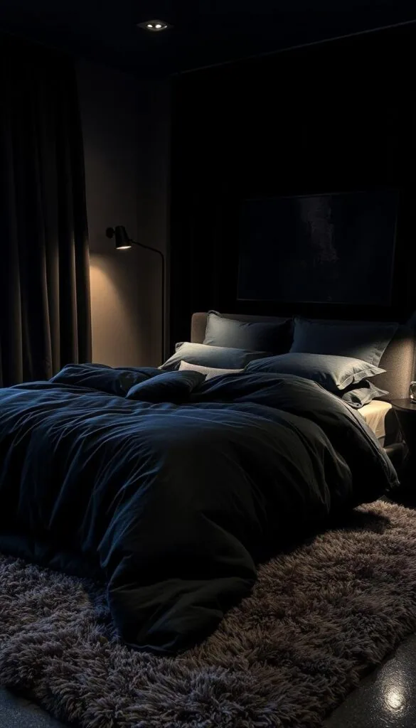A cozy, dimly lit bedroom bathed in the warm glow of soft lighting. The focal point is a plush, inviting bed draped in luxurious black textiles, featuring a velvety duvet, silky sheets, and an array of plump, oversized pillows. Surrounding the bed are layers of textures, including a fluffy, high-pile area rug, heavy blackout curtains, and a few meticulously placed accent pieces like a sleek black side table and a moody, abstract artwork. The overall atmosphere is one of sophisticated elegance and irresistible comfort, creating a serene and welcoming sanctuary for rest and relaxation.