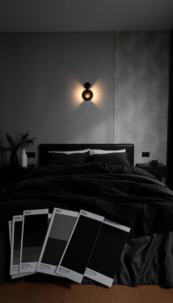 A cozy, dimly lit bedroom with a serene, monochromatic color palette. In the foreground, an assortment of black and grey paint swatches are displayed, casting subtle shadows on the plush, charcoal-colored bedding. The middle ground features a sleek, low-profile bed frame in a matte black finish, complemented by a pair of matching nightstands. In the background, a textured grey accent wall creates a soothing, atmospheric ambiance, illuminated by warm, ambient lighting from a single, mid-century modern-inspired sconce. The scene exudes a sense of refined elegance and calming minimalism, inspiring a restful, luxurious retreat. A cozy, dimly lit bedroom with a serene, monochromatic color palette. In the foreground, an assortment of black and grey paint swatches are displayed, casting subtle shadows on the plush, charcoal-colored bedding. The middle ground features a sleek, low-profile bed frame in a matte black finish, complemented by a pair of matching nightstands. In the background, a textured grey accent wall creates a soothing, atmospheric ambiance, illuminated by warm, ambient lighting from a single, mid-century modern-inspired sconce. The scene exudes a sense of refined elegance and calming minimalism, inspiring a restful, luxurious retreat.