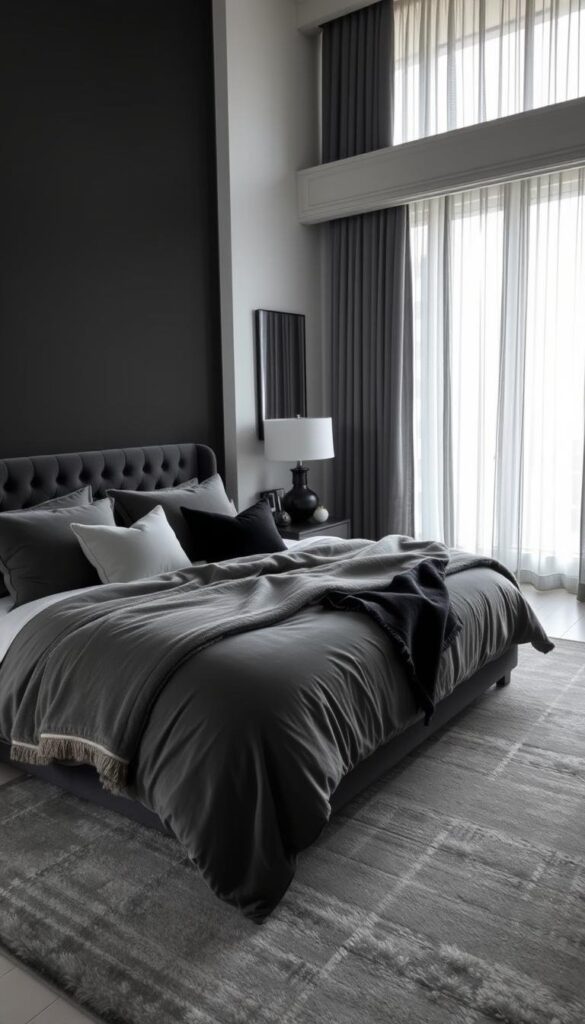 A cozy, elegant bedroom with layered textiles in a sophisticated black and grey color palette. The focal point is a plush, oversized charcoal grey velvet bed, dressed in soft, flowing linens and a thick, textured grey blanket. Accent pillows in varying shades of grey and black add depth and visual interest. Towards the back, a large, finely woven grey area rug grounds the space, while sheer grey curtains frame the windows, allowing for soft, diffused natural light. Decorative accents like a black and chrome table lamp, sleek grey nightstands, and a textured grey throw further enhance the serene, moody ambiance. A cozy, elegant bedroom with layered textiles in a sophisticated black and grey color palette. The focal point is a plush, oversized charcoal grey velvet bed, dressed in soft, flowing linens and a thick, textured grey blanket. Accent pillows in varying shades of grey and black add depth and visual interest. Towards the back, a large, finely woven grey area rug grounds the space, while sheer grey curtains frame the windows, allowing for soft, diffused natural light. Decorative accents like a black and chrome table lamp, sleek grey nightstands, and a textured grey throw further enhance the serene, moody ambiance.