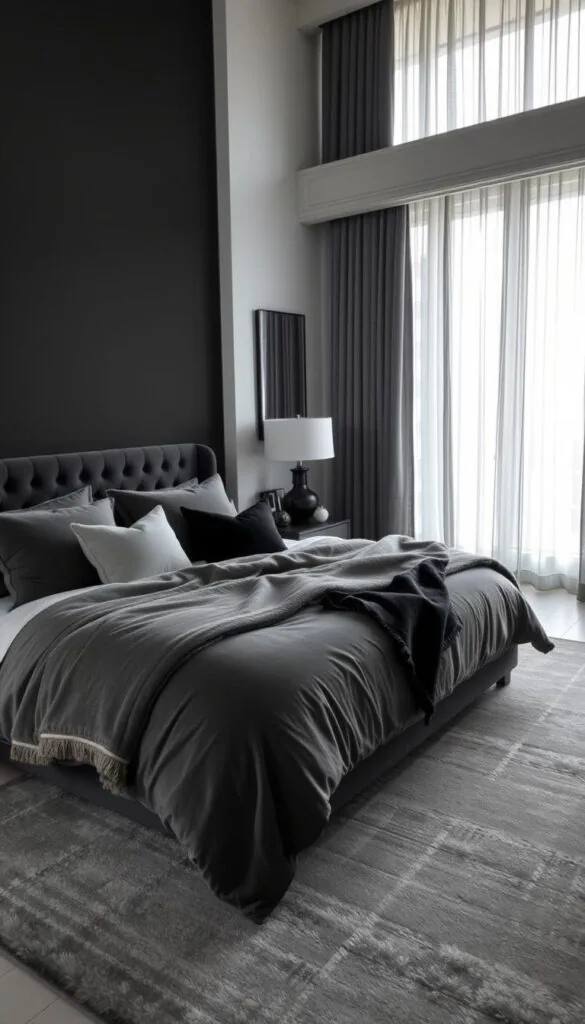 A cozy, elegant bedroom with layered textiles in a sophisticated black and grey color palette. The focal point is a plush, oversized charcoal grey velvet bed, dressed in soft, flowing linens and a thick, textured grey blanket. Accent pillows in varying shades of grey and black add depth and visual interest. Towards the back, a large, finely woven grey area rug grounds the space, while sheer grey curtains frame the windows, allowing for soft, diffused natural light. Decorative accents like a black and chrome table lamp, sleek grey nightstands, and a textured grey throw further enhance the serene, moody ambiance.