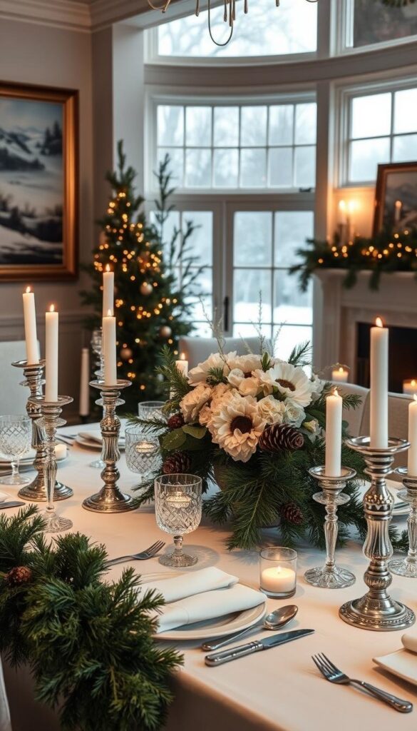 A cozy, elegant winter dining room scene. In the foreground, a beautifully set table with white linens, glittering crystal stemware, and ornate silver candlesticks casting a warm glow. Lush evergreen garlands and pinecones adorn the table, complemented by a stunning, minimalist floral centerpiece in shades of white and pale blue. In the middle ground, the room is bathed in soft, diffused natural light filtering through large windows, revealing a snowy landscape outside. The walls are adorned with framed winter landscape paintings and a crackling fireplace casts a flickering light. An atmosphere of timeless sophistication and serene, seasonal beauty. A cozy, elegant winter dining room scene. In the foreground, a beautifully set table with white linens, glittering crystal stemware, and ornate silver candlesticks casting a warm glow. Lush evergreen garlands and pinecones adorn the table, complemented by a stunning, minimalist floral centerpiece in shades of white and pale blue. In the middle ground, the room is bathed in soft, diffused natural light filtering through large windows, revealing a snowy landscape outside. The walls are adorned with framed winter landscape paintings and a crackling fireplace casts a flickering light. An atmosphere of timeless sophistication and serene, seasonal beauty.