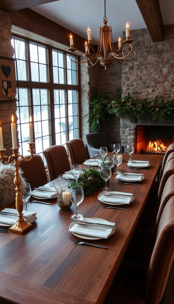 A cozy, elegant winter dining room with a long, rustic wooden table set for a sophisticated gathering. Soft lighting from brass candelabras and a glowing fireplace casts a warm, inviting glow. Fluffy fur throws, plush velvet chairs, and a lush, cascading garland of evergreens and pinecones add rich, layered textures. Vintage crystal glassware and silver cutlery gleam against a backdrop of exposed stone walls and large windows revealing a picturesque snowy landscape outside. An atmosphere of refined comfort and effortless charm pervades the scene, captured with a wide-angle lens to showcase the full, harmonious composition. A cozy, elegant winter dining room with a long, rustic wooden table set for a sophisticated gathering. Soft lighting from brass candelabras and a glowing fireplace casts a warm, inviting glow. Fluffy fur throws, plush velvet chairs, and a lush, cascading garland of evergreens and pinecones add rich, layered textures. Vintage crystal glassware and silver cutlery gleam against a backdrop of exposed stone walls and large windows revealing a picturesque snowy landscape outside. An atmosphere of refined comfort and effortless charm pervades the scene, captured with a wide-angle lens to showcase the full, harmonious composition.