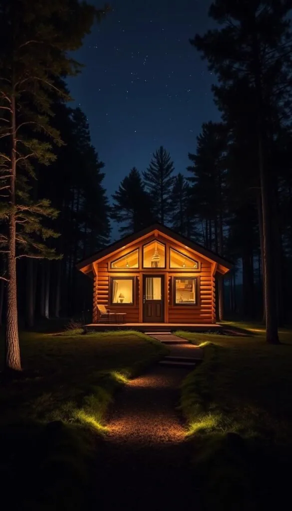 A cozy, energy-efficient Scandinavian cabin nestled in a serene forest clearing, its exterior softly illuminated by warm, low-level lighting that respects the tranquility of the night sky. The cabin's design blends seamlessly with the natural environment, its clean lines and natural materials creating a harmonious aesthetic. Subtle path lighting guides visitors towards the entryway, while discreet uplighting highlights the cabin's architectural features without disrupting the surrounding darkness. The image conveys a sense of rustic elegance and environmental consciousness, inviting the viewer to imagine an immersive, off-the-grid experience that reconnects with nature.