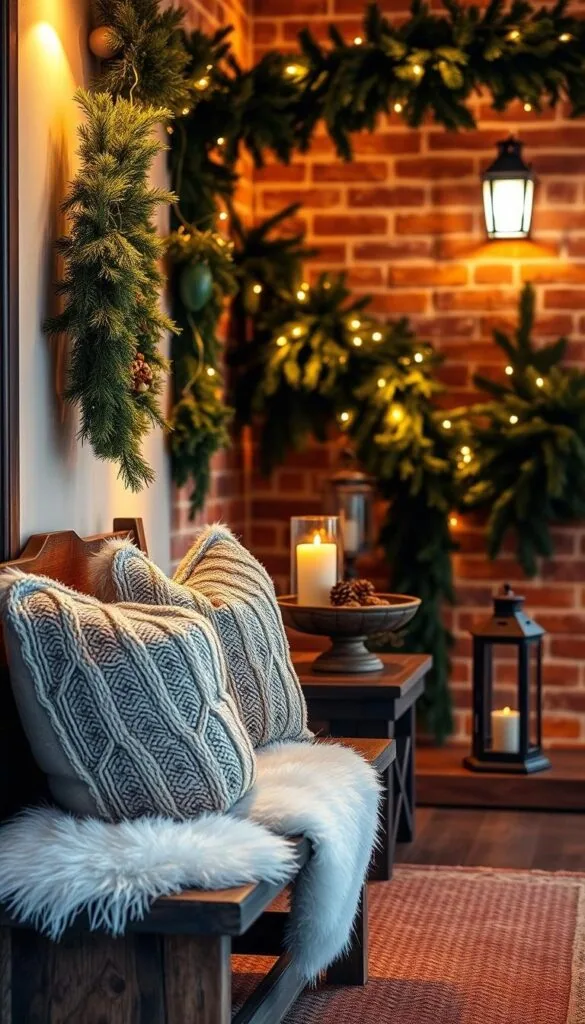 A cozy entryway adorned with rustic winter decor, bathed in warm, ambient lighting. The foreground features a sturdy wooden bench accented with plush, textured throw pillows and a fluffy white sheepskin rug. In the middle ground, a small side table displays a bowl of pinecones, a lit candle, and a vintage lantern. The background showcases a brick or stone wall, partially covered in lush evergreen garlands and twinkling fairy lights, evoking a charming, homely atmosphere. The overall scene radiates a sense of comfort, tranquility, and the welcoming spirit of the winter season.