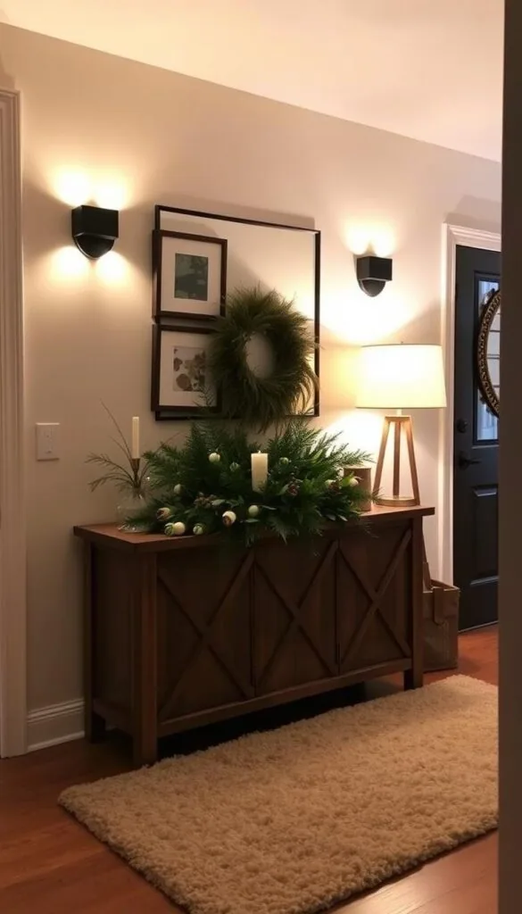 A cozy entryway with warm, inviting lighting. Soft, glowing wall sconces illuminate a wooden console table adorned with a lush, seasonal greenery arrangement. Framed artwork and a decorative mirror hang on the wall, creating depth and visual interest. The floor is covered in a plush, neutral-toned rug, and ambient lighting from a floor lamp casts a gentle, comforting glow. A sense of hygge and winter tranquility permeates the space, making it an inviting and serene welcome home.