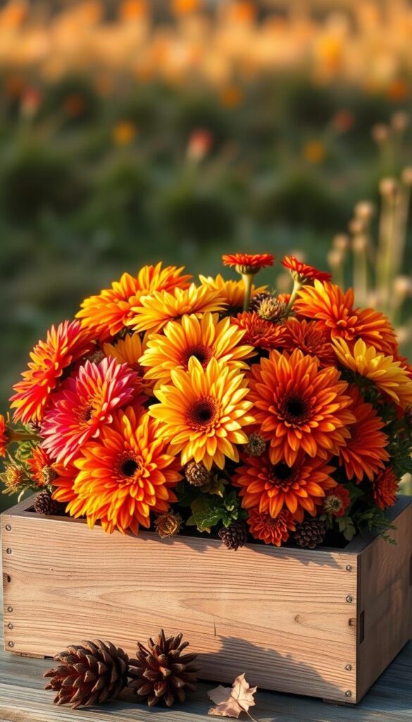 A cozy fall arrangement of vibrant mums, dahlias, and orange-hued marigolds, artfully displayed in a rustic wooden planter. The flowers are bathed in warm, golden lighting, casting a soft, inviting glow. In the middle ground, a handful of pinecones and dried leaves add natural texture and seasonal charm. The background features a blurred, out-of-focus meadow, hinting at the beauty of the great outdoors. Composition is balanced, with the flowers taking center stage, surrounded by complementary elements that evoke the spirit of autumn. A cozy fall arrangement of vibrant mums, dahlias, and orange-hued marigolds, artfully displayed in a rustic wooden planter. The flowers are bathed in warm, golden lighting, casting a soft, inviting glow. In the middle ground, a handful of pinecones and dried leaves add natural texture and seasonal charm. The background features a blurred, out-of-focus meadow, hinting at the beauty of the great outdoors. Composition is balanced, with the flowers taking center stage, surrounded by complementary elements that evoke the spirit of autumn.
