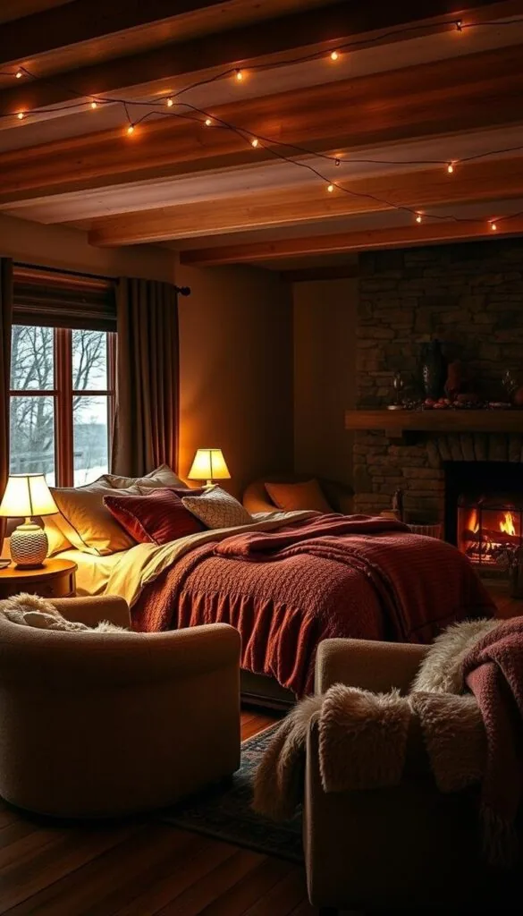 A cozy fall bedroom bathed in warm, ambient lighting. Soft, glowing bedside lamps cast a golden hue over the inviting scene. A large, plush bed is dressed in rich, textured bedding in autumnal hues - deep reds, oranges, and browns. Plush, overstuffed armchairs sit by the window, draped in fluffy throws. The background is filled with the muted tones of bare wood floors and a stone fireplace, hinting at the crisp, fall weather outside. Delicate string lights twinkle overhead, adding to the intimate, snug atmosphere. The overall mood is one of hygge - a welcoming, cozy, and comforting space to curl up and savor the changing of the seasons.