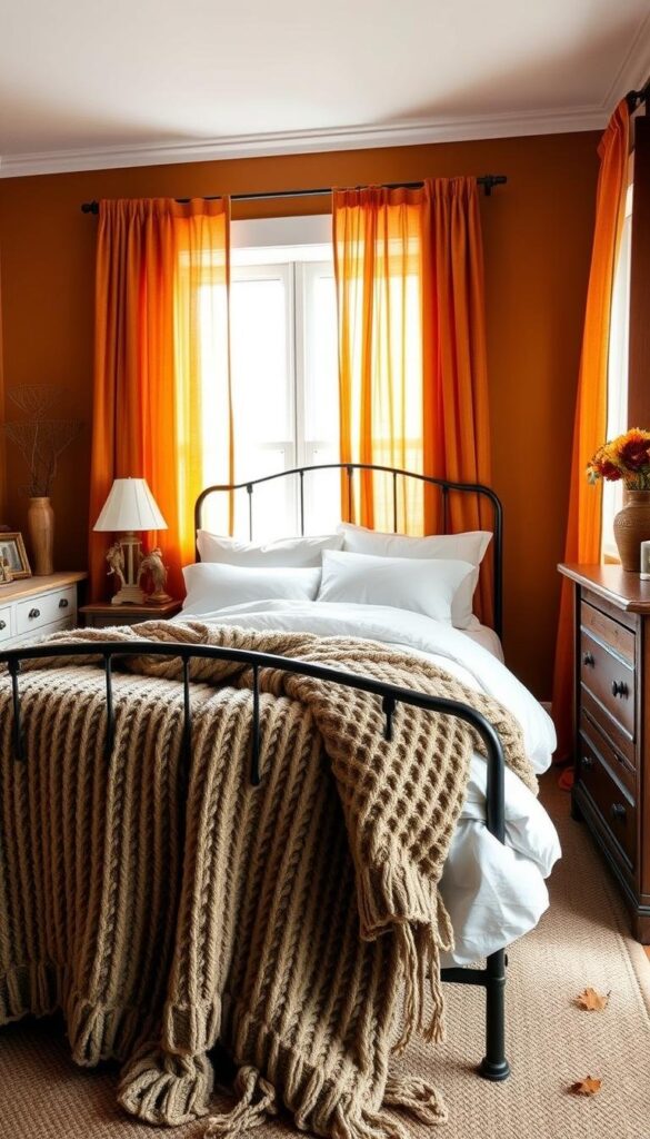 A cozy fall bedroom in rich, warm tones. In the foreground, a plush, oversized tan-and-gray knitted throw blanket cascades over a wrought-iron bed frame. Crisp white linens and a fluffy down comforter create an inviting nest. Scattered throughout are rustic wooden accents, from a nightstand to a vintage dresser. The walls are painted in a deep, earthy ochre, complemented by sheer burnt-orange curtains that frame the scene. Soft, diffused natural light streams through the window, casting a golden glow and creating a serene, autumnal ambiance. The overall impression is one of comfort, coziness, and a sense of seasonal transition. A cozy fall bedroom in rich, warm tones. In the foreground, a plush, oversized tan-and-gray knitted throw blanket cascades over a wrought-iron bed frame. Crisp white linens and a fluffy down comforter create an inviting nest. Scattered throughout are rustic wooden accents, from a nightstand to a vintage dresser. The walls are painted in a deep, earthy ochre, complemented by sheer burnt-orange curtains that frame the scene. Soft, diffused natural light streams through the window, casting a golden glow and creating a serene, autumnal ambiance. The overall impression is one of comfort, coziness, and a sense of seasonal transition.