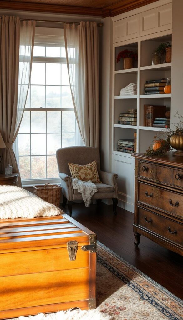 A cozy fall bedroom with tasteful, decorative storage solutions. In the foreground, a rustic wooden chest with brass hardware sits atop a plush area rug, while a pair of woven baskets flank a vintage armchair. The midground features built-in shelves displaying autumnal accents like dried floral arrangements, knit throws, and aged leather-bound books. Soft, warm lighting filters through sheer curtains, creating a serene, inviting atmosphere. The background showcases a large window overlooking a misty fall landscape, accented by a weathered wooden dresser and a delicate, trailing vine plant. A cozy fall bedroom with tasteful, decorative storage solutions. In the foreground, a rustic wooden chest with brass hardware sits atop a plush area rug, while a pair of woven baskets flank a vintage armchair. The midground features built-in shelves displaying autumnal accents like dried floral arrangements, knit throws, and aged leather-bound books. Soft, warm lighting filters through sheer curtains, creating a serene, inviting atmosphere. The background showcases a large window overlooking a misty fall landscape, accented by a weathered wooden dresser and a delicate, trailing vine plant.