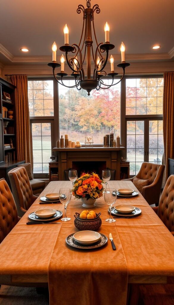 A cozy fall dining room with a warm, inviting atmosphere. In the foreground, a rustic wooden table is adorned with a soft, plush velvet tablecloth in a rich autumnal hue. Atop the table, an array of elegant place settings, including antique-inspired ceramic plates and delicate crystal glassware. Surrounding the table, comfortable upholstered chairs in a complementary color palette, their tufted designs adding a touch of sophistication. In the middle ground, a large fireplace, its crackling flames casting a gentle glow throughout the space. Flanking the fireplace, built-in bookshelves filled with leather-bound volumes and decorative trinkets. Overhead, a grand chandelier with wrought-iron accents and glowing candlelight, illuminating the room in a warm, cozy ambiance. In the background, floor-to-ceiling windows offer a picturesque view of a lush, autumnal landscape, the changing leaves adding a touch of natural beauty to the scene. Soft, textured curtains in a complementary color scheme frame the windows, A cozy fall dining room with a warm, inviting atmosphere. In the foreground, a rustic wooden table is adorned with a soft, plush velvet tablecloth in a rich autumnal hue. Atop the table, an array of elegant place settings, including antique-inspired ceramic plates and delicate crystal glassware. Surrounding the table, comfortable upholstered chairs in a complementary color palette, their tufted designs adding a touch of sophistication. In the middle ground, a large fireplace, its crackling flames casting a gentle glow throughout the space. Flanking the fireplace, built-in bookshelves filled with leather-bound volumes and decorative trinkets. Overhead, a grand chandelier with wrought-iron accents and glowing candlelight, illuminating the room in a warm, cozy ambiance. In the background, floor-to-ceiling windows offer a picturesque view of a lush, autumnal landscape, the changing leaves adding a touch of natural beauty to the scene. Soft, textured curtains in a complementary color scheme frame the windows,