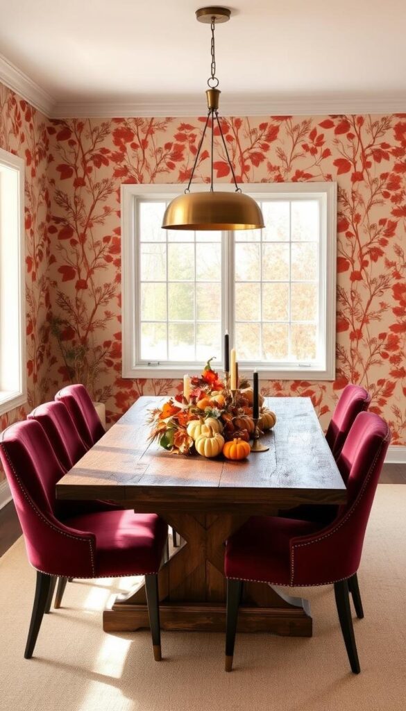 A cozy fall dining room with warm, earthy tones. The walls are adorned with an abstract botanical wallpaper in rich autumn hues, creating a serene and inviting ambiance. A large picture window floods the space with natural light, casting a soft glow on the rustic wooden table and chairs. Velvet upholstered chairs in a deep burgundy provide comfortable seating, while a statement pendant light fixture in aged brass illuminates the table. On the table, a centerpiece of seasonal foliage, vibrant pumpkins, and candles set the mood for an effortless, elegant gathering. The overall scene evokes a sense of tranquility and celebration of the changing seasons. A cozy fall dining room with warm, earthy tones. The walls are adorned with an abstract botanical wallpaper in rich autumn hues, creating a serene and inviting ambiance. A large picture window floods the space with natural light, casting a soft glow on the rustic wooden table and chairs. Velvet upholstered chairs in a deep burgundy provide comfortable seating, while a statement pendant light fixture in aged brass illuminates the table. On the table, a centerpiece of seasonal foliage, vibrant pumpkins, and candles set the mood for an effortless, elegant gathering. The overall scene evokes a sense of tranquility and celebration of the changing seasons.