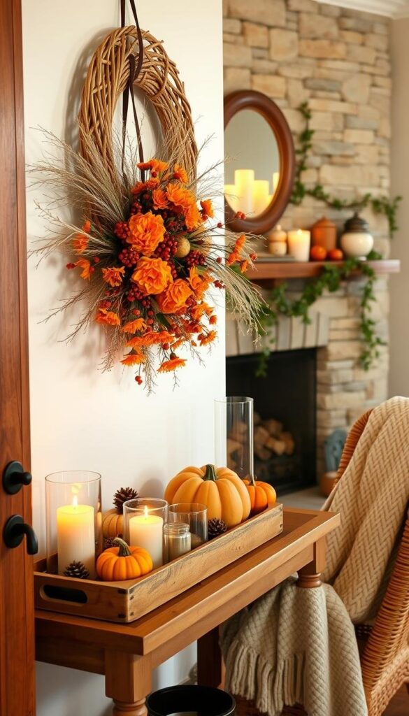 A cozy fall entryway filled with warm-toned accents. In the foreground, a woven rattan wreath adorned with vibrant orange marigolds, red berries, and wispy pampas grass hangs on a wooden door. On the console table, a rustic wooden tray showcases an assortment of pumpkins, gourds, and aromatic pinecones. Flickering candles in glass hurricanes cast a soft, autumnal glow, while a plush knit blanket drapes over a wicker chair. In the background, a stone fireplace mantel is adorned with trailing vines, ceramic jars, and a vintage mirror. Warm, directional lighting illuminates the scene, creating a welcoming, harvest-inspired ambiance. A cozy fall entryway filled with warm-toned accents. In the foreground, a woven rattan wreath adorned with vibrant orange marigolds, red berries, and wispy pampas grass hangs on a wooden door. On the console table, a rustic wooden tray showcases an assortment of pumpkins, gourds, and aromatic pinecones. Flickering candles in glass hurricanes cast a soft, autumnal glow, while a plush knit blanket drapes over a wicker chair. In the background, a stone fireplace mantel is adorned with trailing vines, ceramic jars, and a vintage mirror. Warm, directional lighting illuminates the scene, creating a welcoming, harvest-inspired ambiance.