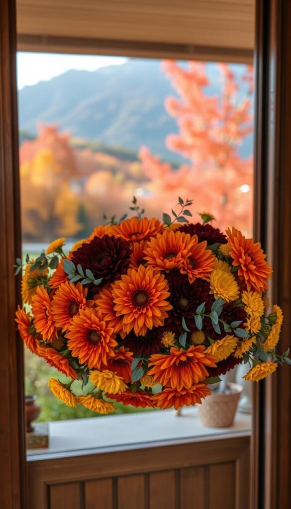 A cozy fall floral display with a warm, inviting atmosphere. In the foreground, a lush wreath made of vibrant orange marigolds, deep burgundy dahlias, and delicate yellow chrysanthemums, accented with sprigs of eucalyptus. The middle ground features a wooden door frame, gently illuminated by soft, golden lighting, casting a gentle glow on the floral arrangement. The background depicts a picturesque autumn landscape, with trees ablaze in hues of red, orange, and yellow, creating a serene and peaceful ambiance. The scene is captured with a wide-angle lens, offering a welcoming and embracing composition. A cozy fall floral display with a warm, inviting atmosphere. In the foreground, a lush wreath made of vibrant orange marigolds, deep burgundy dahlias, and delicate yellow chrysanthemums, accented with sprigs of eucalyptus. The middle ground features a wooden door frame, gently illuminated by soft, golden lighting, casting a gentle glow on the floral arrangement. The background depicts a picturesque autumn landscape, with trees ablaze in hues of red, orange, and yellow, creating a serene and peaceful ambiance. The scene is captured with a wide-angle lens, offering a welcoming and embracing composition.