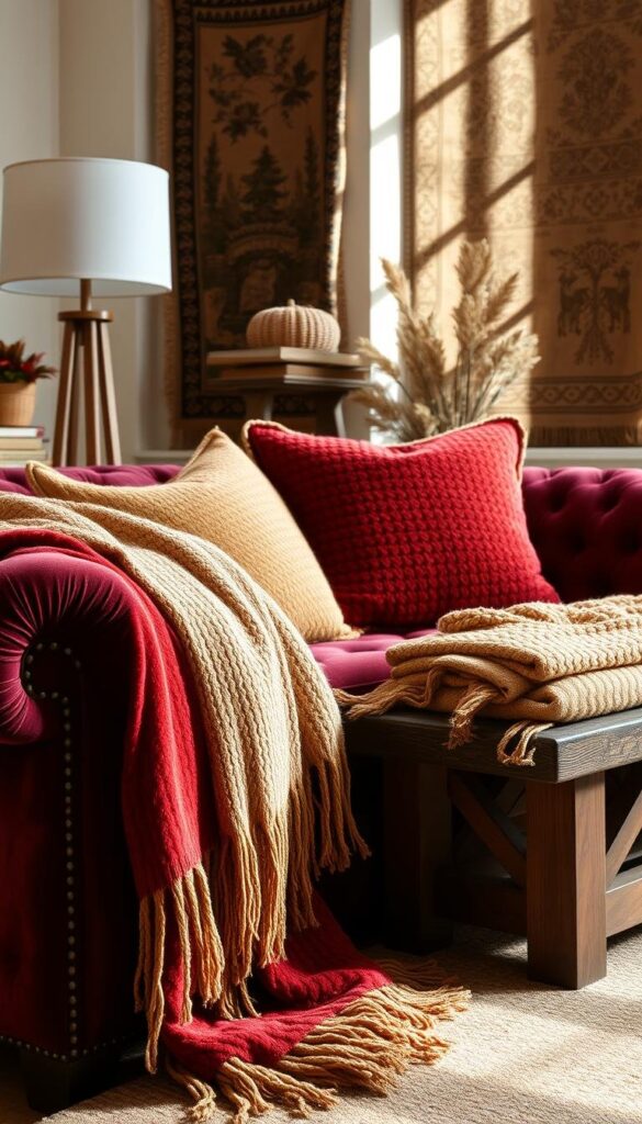 A cozy fall scene featuring an array of textured fabrics in autumnal hues. In the foreground, a plush velvet throw in a rich burgundy tone drapes over a tufted chesterfield sofa. Layers of woven wool pillows in shades of mustard and olive green add depth and dimension. In the middleground, a chunky knit blanket in a warm camel color is folded neatly on a rustic wooden bench. The background showcases a wall adorned with a tapestry in earthy tones, its intricate pattern casting alluring shadows. Soft, diffused lighting from a nearby lamp creates a comforting ambiance, while a large window allows natural light to filter in, highlighting the inviting textures. An atmospheric scene that evokes the cozy, tactile essence of fall home decor.