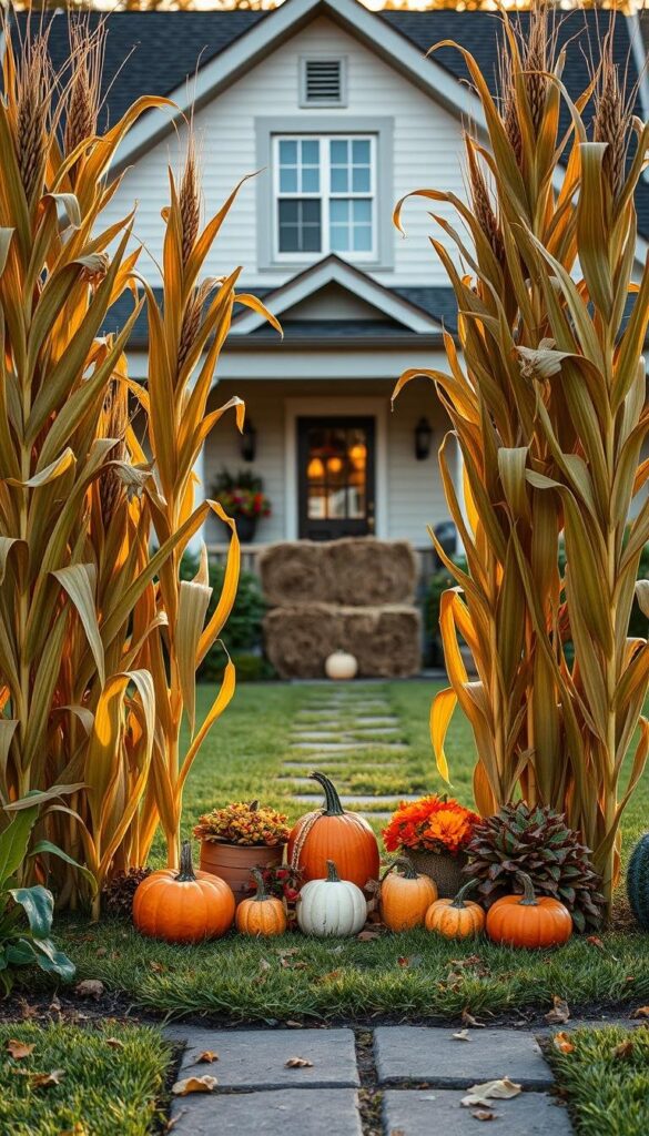 A cozy fall scene unfolds in the front yard, with cornstalks standing tall against the backdrop of a picturesque cottage. The foreground features a charming arrangement of pumpkins, gourds, and colorful foliage, creating a welcoming and autumnal ambiance. Tall, golden cornstalks frame the entrance, casting long shadows that dance across the neatly manicured lawn. In the middle ground, a stack of rustic hay bales adds a touch of country charm, while the background showcases a warm, golden-hued sky, hinting at the approaching dusk. The overall lighting is soft and diffused, capturing the magic of the season with a sense of nostalgia and inviting coziness. A cozy fall scene unfolds in the front yard, with cornstalks standing tall against the backdrop of a picturesque cottage. The foreground features a charming arrangement of pumpkins, gourds, and colorful foliage, creating a welcoming and autumnal ambiance. Tall, golden cornstalks frame the entrance, casting long shadows that dance across the neatly manicured lawn. In the middle ground, a stack of rustic hay bales adds a touch of country charm, while the background showcases a warm, golden-hued sky, hinting at the approaching dusk. The overall lighting is soft and diffused, capturing the magic of the season with a sense of nostalgia and inviting coziness.