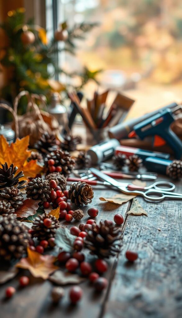 A cozy fall scene with an assortment of DIY home decor supplies arranged on a rustic wooden surface. In the foreground, various natural elements like pinecones, dried leaves, and berries are scattered haphazardly. In the middle ground, a collection of craft tools, such as scissors, glue guns, and paint brushes, are neatly laid out. In the background, a subtle bokeh effect creates a warm, ambient lighting, casting a soft glow over the scene. The overall mood is one of autumnal charm and a sense of homespun creativity, inviting the viewer to dive into a fun DIY project. A cozy fall scene with an assortment of DIY home decor supplies arranged on a rustic wooden surface. In the foreground, various natural elements like pinecones, dried leaves, and berries are scattered haphazardly. In the middle ground, a collection of craft tools, such as scissors, glue guns, and paint brushes, are neatly laid out. In the background, a subtle bokeh effect creates a warm, ambient lighting, casting a soft glow over the scene. The overall mood is one of autumnal charm and a sense of homespun creativity, inviting the viewer to dive into a fun DIY project.