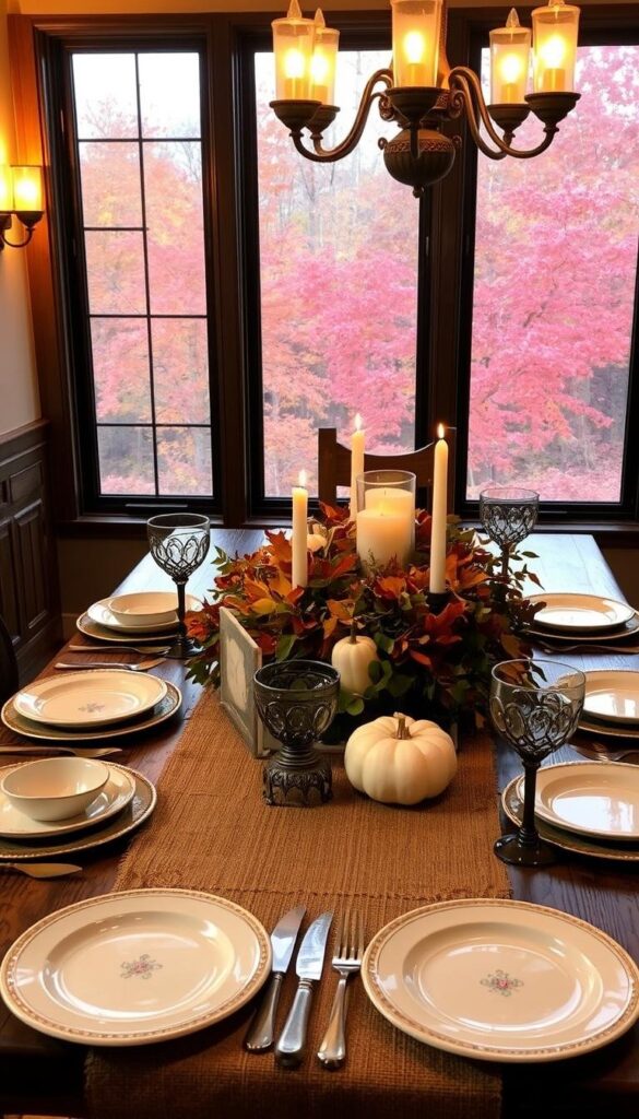 A cozy fall table setting with a rustic wooden table, a burlap runner, and a centerpiece of seasonal foliage, pumpkins, and candles. The table is adorned with ceramic plates, gold-rimmed glassware, and antique-inspired silverware. Warm lighting from wall sconces and a chandelier casts a soft glow, creating an inviting and intimate atmosphere. The scene is framed by a large window overlooking a lush autumn landscape, with trees in shades of red, orange, and yellow. The overall mood is one of comfort, celebration, and connection.