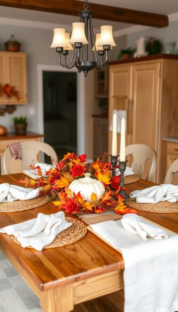 A cozy fall-themed kitchen interior with a wooden dining table set with a warm-toned tablecloth, crisp white linen napkins, and a rustic woven placemats. A centerpiece of vibrant fall foliage, pine cones, and candlesticks creates a harmonious autumnal ambiance. Soft, diffused lighting from a chandelier above casts a gentle glow, highlighting the textural details of the linens. The scene exudes a welcoming, harvest-inspired atmosphere, ideal for hosting an intimate seasonal celebration.