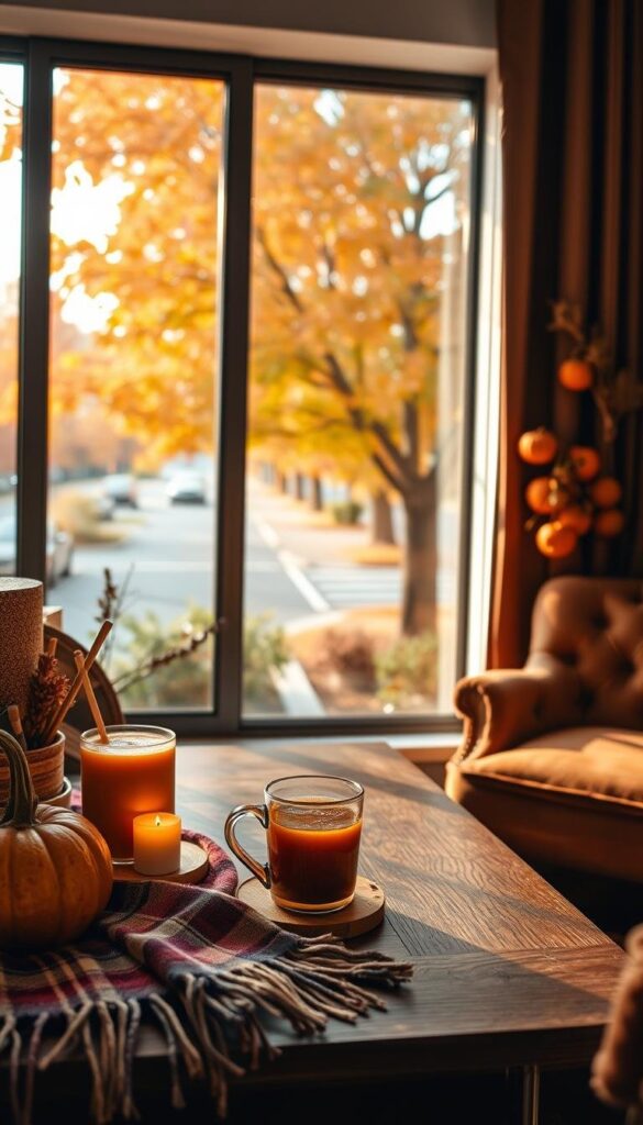 A cozy fall workspace filled with an array of stylish autumn accents. In the foreground, a rustic wooden desk adorned with a woven plaid throw, a pumpkin spice candle, and a cup of warm apple cider. Nearby, a plush velvet armchair in a rich autumnal hue complements the scene. In the middle ground, a large window frames a picturesque view of a tree-lined street, its leaves transitioning into vibrant shades of orange, red, and yellow. Soft, diffused lighting filters through the window, casting a warm, golden glow over the entire space. The atmosphere is one of comfort, inspiration, and the essence of the autumn season. A cozy fall workspace filled with an array of stylish autumn accents. In the foreground, a rustic wooden desk adorned with a woven plaid throw, a pumpkin spice candle, and a cup of warm apple cider. Nearby, a plush velvet armchair in a rich autumnal hue complements the scene. In the middle ground, a large window frames a picturesque view of a tree-lined street, its leaves transitioning into vibrant shades of orange, red, and yellow. Soft, diffused lighting filters through the window, casting a warm, golden glow over the entire space. The atmosphere is one of comfort, inspiration, and the essence of the autumn season.