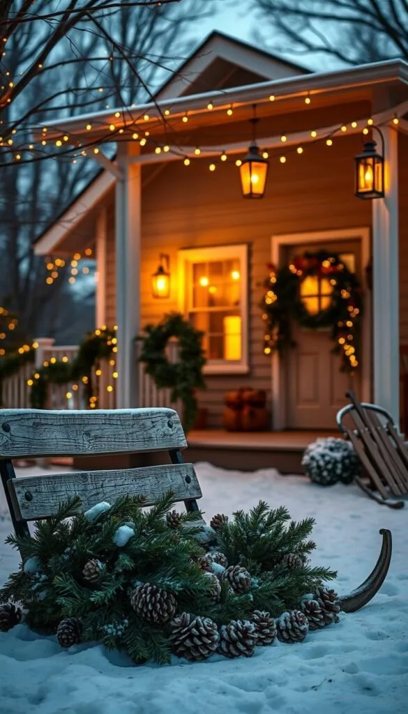 A cozy farmhouse at dusk, bathed in the soft glow of twinkling string lights that adorn the porch, eaves, and surrounding trees. Warm, amber-hued lanterns flicker in the windows, casting a gentle radiance onto the freshly fallen snow. In the foreground, a weathered wooden bench sits beside a flurry of evergreen garlands and pinecones, complemented by the rustic charm of a vintage sled. The overall scene exudes a sense of holiday magic, blending traditional farmhouse aesthetics with a modern, minimalist touch. A cozy farmhouse at dusk, bathed in the soft glow of twinkling string lights that adorn the porch, eaves, and surrounding trees. Warm, amber-hued lanterns flicker in the windows, casting a gentle radiance onto the freshly fallen snow. In the foreground, a weathered wooden bench sits beside a flurry of evergreen garlands and pinecones, complemented by the rustic charm of a vintage sled. The overall scene exudes a sense of holiday magic, blending traditional farmhouse aesthetics with a modern, minimalist touch.