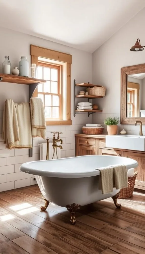 A cozy farmhouse bathroom, bathed in warm, natural light filtering through a rustic window. In the foreground, a clawfoot tub sits atop a weathered wood floor, surrounded by smooth subway tiles in a crisp white. Rough-hewn wooden shelves display vintage glass jars and ceramic vessels, complemented by a brass faucet and fixtures. Soft, textured towels hang from an antique metal towel rack, while a woven basket holds fluffy white towels. In the background, a reclaimed wood vanity with a farmhouse-style sink and a large vintage mirror create a timeless, lived-in ambiance.