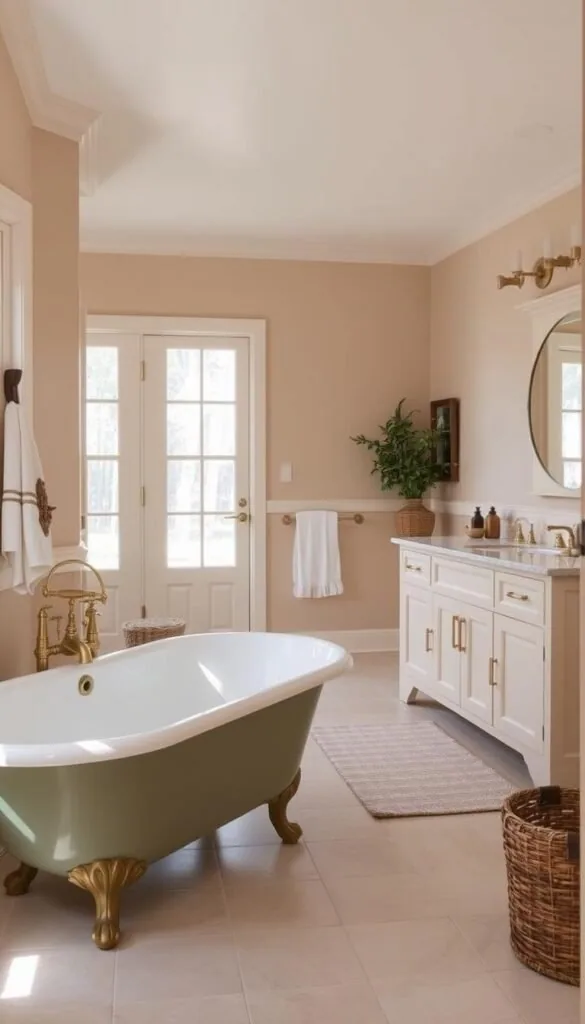 A cozy farmhouse bathroom with a warm, inviting color palette. The foreground features a clawfoot tub in a soft, muted shade of sage green, complemented by natural wood accents and vintage-inspired fixtures. The middle ground showcases a double vanity with shaker-style cabinetry in a creamy white hue, adorned with brass hardware. In the background, the walls are painted in a calming, neutral tone of beige, creating a serene and rustic atmosphere. The room is bathed in natural light, with large windows that allow the outdoors to blend seamlessly with the interior. The overall mood is one of relaxation and comfort, perfectly capturing the essence of a modern farmhouse aesthetic.