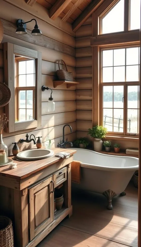 A cozy farmhouse bathroom with rustic, weathered wooden vanity and fixtures. Warm, natural lighting filters through a large window, casting a soft glow on the distressed metal faucets, clawfoot tub, and vintage-inspired mirror. Decorative elements like woven baskets, glass jars, and potted plants add charming farmhouse character. The overall atmosphere is inviting, serene, and in harmony with the surrounding countryside.