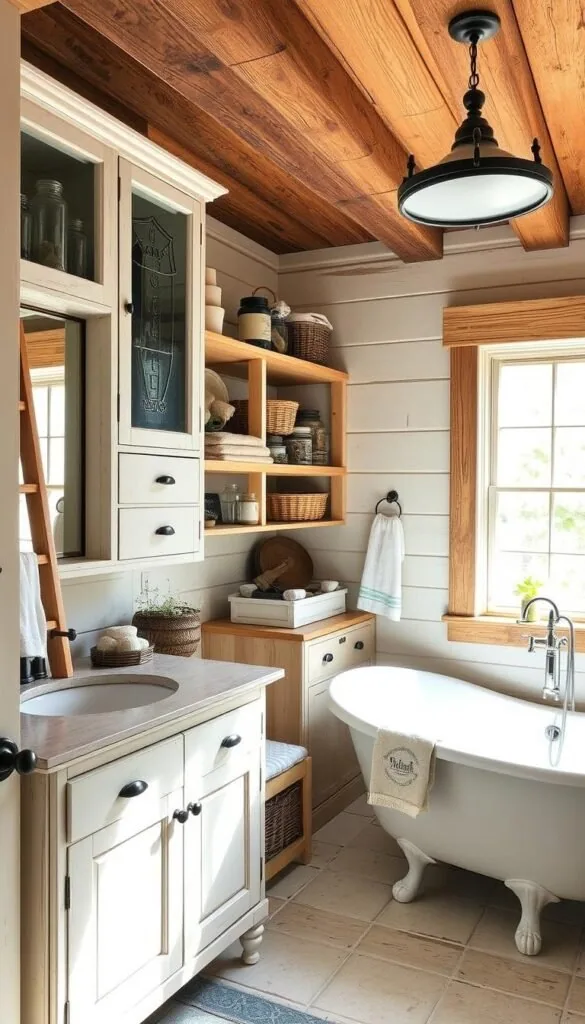 A cozy farmhouse bathroom with rustic wooden shelves and cabinets, displaying an array of vintage jars, woven baskets, and farmhouse-inspired decor. Soft natural light filters through the large window, casting a warm glow on the distressed white-painted vanity and freestanding clawfoot tub. The room has a charming, lived-in feel with a mix of textures, from the aged wooden beams to the worn tile floor. A ladder-style towel rack, a reclaimed wood mirror frame, and a farmhouse-style light fixture complete the space, creating a inviting, functional storage solution for a modern farmhouse bathroom.