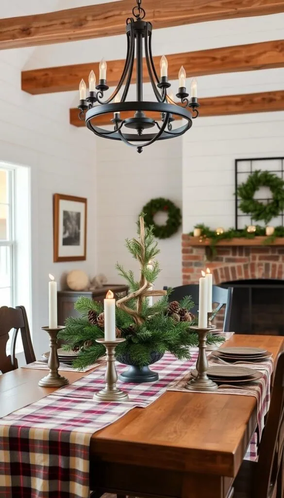 A cozy farmhouse dining room adorned with rustic Christmas cheer. The table is set with a plaid tablecloth, vintage candlesticks, and a centerpiece of fresh evergreens, pinecones, and a charming wooden tree. Ambient lighting from a wrought-iron chandelier casts a warm glow, accentuating the natural wood beams and white shiplap walls. Framed farmhouse-style artwork and a classic brick fireplace in the background create a welcoming, inviting atmosphere. A sense of timeless holiday magic pervades the space, blending modern and traditional elements for a refined, sophisticated take on farmhouse Christmas decor. A cozy farmhouse dining room adorned with rustic Christmas cheer. The table is set with a plaid tablecloth, vintage candlesticks, and a centerpiece of fresh evergreens, pinecones, and a charming wooden tree. Ambient lighting from a wrought-iron chandelier casts a warm glow, accentuating the natural wood beams and white shiplap walls. Framed farmhouse-style artwork and a classic brick fireplace in the background create a welcoming, inviting atmosphere. A sense of timeless holiday magic pervades the space, blending modern and traditional elements for a refined, sophisticated take on farmhouse Christmas decor.