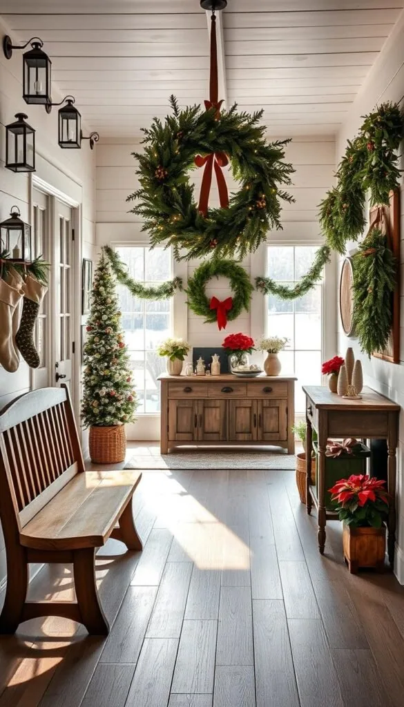 A cozy farmhouse entryway, adorned with rustic Christmas decor. In the foreground, a vintage wooden bench sits beneath a large wreath, its lush evergreens and twinkling lights welcoming guests. Lining the walls, whitewashed shiplap frames a mix of antique lanterns, stockings, and festive garlands. Sunlight streams through the wide-paned windows, casting a warm glow across the scene. In the middle ground, a weathered wooden console table displays a collection of potted poinsettias, ceramic figurines, and a crackling fireplace. Beyond, the background fades into a serene winter landscape, dusted with a light snowfall. An inviting, harmonious atmosphere that captures the essence of a modern farmhouse Christmas. A cozy farmhouse entryway, adorned with rustic Christmas decor. In the foreground, a vintage wooden bench sits beneath a large wreath, its lush evergreens and twinkling lights welcoming guests. Lining the walls, whitewashed shiplap frames a mix of antique lanterns, stockings, and festive garlands. Sunlight streams through the wide-paned windows, casting a warm glow across the scene. In the middle ground, a weathered wooden console table displays a collection of potted poinsettias, ceramic figurines, and a crackling fireplace. Beyond, the background fades into a serene winter landscape, dusted with a light snowfall. An inviting, harmonious atmosphere that captures the essence of a modern farmhouse Christmas.