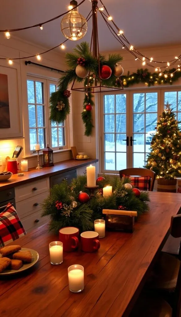 A cozy farmhouse kitchen bathed in the warm glow of string lights and candles. A rustic wooden table serves as the centerpiece, adorned with a lush, pine garland and twinkling ornaments. Festive red and green accents, such as plaid pillows and a vintage-inspired tree, add pops of color. The kitchen countertops are dotted with homemade baked goods and mugs of hot cocoa, while a large window offers a picturesque view of a snowy winter landscape. The overall atmosphere is one of inviting comfort and holiday cheer, seamlessly blending the functional elements of the kitchen with the festive spirit of the season. A cozy farmhouse kitchen bathed in the warm glow of string lights and candles. A rustic wooden table serves as the centerpiece, adorned with a lush, pine garland and twinkling ornaments. Festive red and green accents, such as plaid pillows and a vintage-inspired tree, add pops of color. The kitchen countertops are dotted with homemade baked goods and mugs of hot cocoa, while a large window offers a picturesque view of a snowy winter landscape. The overall atmosphere is one of inviting comfort and holiday cheer, seamlessly blending the functional elements of the kitchen with the festive spirit of the season.