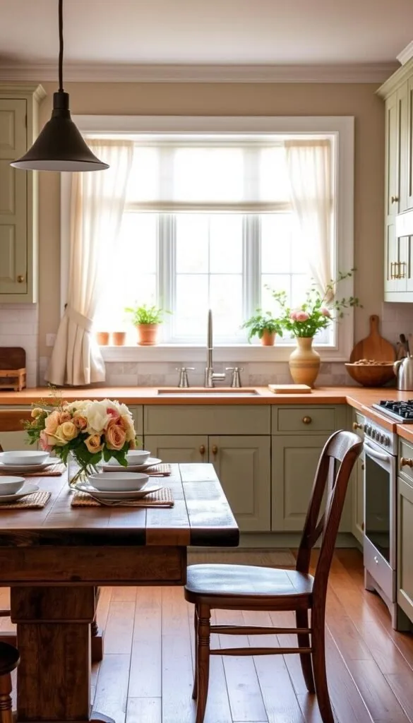 A cozy farmhouse kitchen with a warm, inviting color palette. The foreground features a rustic wooden table set with a vintage-inspired floral centerpiece and classic white dishware. In the middle ground, shaker-style cabinets in a soft sage green hue line the walls, complemented by natural wood accents and brass hardware. The background showcases a large bay window that floods the space with natural light, framed by sheer linen curtains. The overall atmosphere exudes a charming, lived-in ambiance, perfectly capturing the essence of a timeless farmhouse aesthetic.