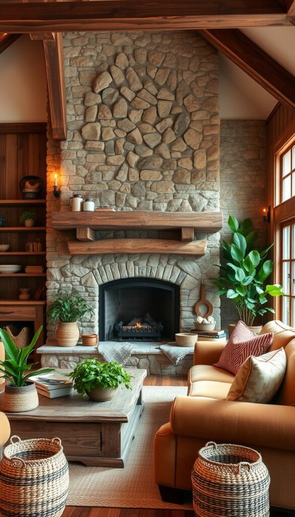 A cozy farmhouse living room with a natural stone fireplace as the focal point. The fireplace is surrounded by rustic wood beams and shelving, creating a warm and inviting atmosphere. In the foreground, a plush, earth-toned sofa and armchair are arranged around a distressed wood coffee table, inviting visitors to relax and unwind. Lush, potted plants and woven baskets add texture and a touch of nature to the space. Warm, diffused lighting from sconces and a large window filters in, casting a soft glow throughout the room. The overall scene evokes a sense of rustic charm and tranquility, perfectly capturing the essence of a charming farmhouse living room. A cozy farmhouse living room with a natural stone fireplace as the focal point. The fireplace is surrounded by rustic wood beams and shelving, creating a warm and inviting atmosphere. In the foreground, a plush, earth-toned sofa and armchair are arranged around a distressed wood coffee table, inviting visitors to relax and unwind. Lush, potted plants and woven baskets add texture and a touch of nature to the space. Warm, diffused lighting from sconces and a large window filters in, casting a soft glow throughout the room. The overall scene evokes a sense of rustic charm and tranquility, perfectly capturing the essence of a charming farmhouse living room.