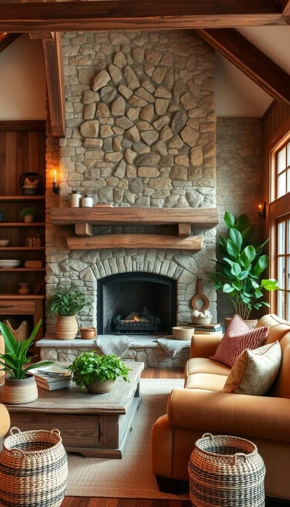 A cozy farmhouse living room with a natural stone fireplace as the focal point. The fireplace is surrounded by rustic wood beams and shelving, creating a warm and inviting atmosphere. In the foreground, a plush, earth-toned sofa and armchair are arranged around a distressed wood coffee table, inviting visitors to relax and unwind. Lush, potted plants and woven baskets add texture and a touch of nature to the space. Warm, diffused lighting from sconces and a large window filters in, casting a soft glow throughout the room. The overall scene evokes a sense of rustic charm and tranquility, perfectly capturing the essence of a charming farmhouse living room. A cozy farmhouse living room with a natural stone fireplace as the focal point. The fireplace is surrounded by rustic wood beams and shelving, creating a warm and inviting atmosphere. In the foreground, a plush, earth-toned sofa and armchair are arranged around a distressed wood coffee table, inviting visitors to relax and unwind. Lush, potted plants and woven baskets add texture and a touch of nature to the space. Warm, diffused lighting from sconces and a large window filters in, casting a soft glow throughout the room. The overall scene evokes a sense of rustic charm and tranquility, perfectly capturing the essence of a charming farmhouse living room.