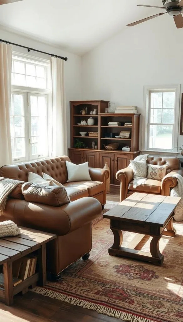 A cozy farmhouse living room with comfortable, overstuffed furniture arranged in a visually appealing layout. A large, tufted leather sofa and two matching armchairs form a conversational seating area in the foreground, positioned around a rustic wooden coffee table. Soft, natural lighting filters in through large, curtain-framed windows, casting a warm glow. Weathered wood accents, such as a side table and a vintage-style area rug, complement the neutral color palette. Decorative throw pillows and a knitted blanket add textural interest. The overall scene conveys a sense of relaxation and welcoming, inviting the viewer to imagine themselves nestled in this charming, homely space. A cozy farmhouse living room with comfortable, overstuffed furniture arranged in a visually appealing layout. A large, tufted leather sofa and two matching armchairs form a conversational seating area in the foreground, positioned around a rustic wooden coffee table. Soft, natural lighting filters in through large, curtain-framed windows, casting a warm glow. Weathered wood accents, such as a side table and a vintage-style area rug, complement the neutral color palette. Decorative throw pillows and a knitted blanket add textural interest. The overall scene conveys a sense of relaxation and welcoming, inviting the viewer to imagine themselves nestled in this charming, homely space.