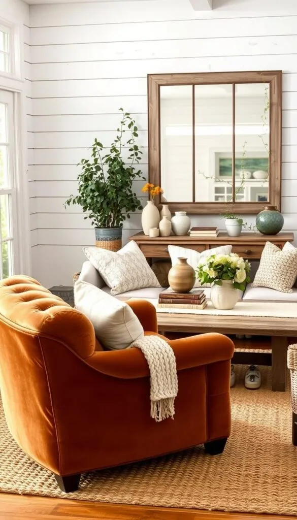 A cozy farmhouse living room with layered textures and affordable home decor. In the foreground, a plush, tufted velvet armchair in a rich, earthy tone sits atop a woven jute area rug. Soft, chunky knit throws and pillows in neutral hues add visual interest. In the middle ground, a rustic wooden coffee table is adorned with ceramic vases, a stack of vintage books, and a natural linen runner. Trailing vines and potted plants create a sense of warmth and natural charm. The background features whitewashed shiplap walls, accented by a large, oversized mirror in a distressed wood frame, casting a soft, diffused light across the scene. The overall atmosphere is one of inviting comfort and effortless style, achieved through the layering of affordable, tactile materials. A cozy farmhouse living room with layered textures and affordable home decor. In the foreground, a plush, tufted velvet armchair in a rich, earthy tone sits atop a woven jute area rug. Soft, chunky knit throws and pillows in neutral hues add visual interest. In the middle ground, a rustic wooden coffee table is adorned with ceramic vases, a stack of vintage books, and a natural linen runner. Trailing vines and potted plants create a sense of warmth and natural charm. The background features whitewashed shiplap walls, accented by a large, oversized mirror in a distressed wood frame, casting a soft, diffused light across the scene. The overall atmosphere is one of inviting comfort and effortless style, achieved through the layering of affordable, tactile materials.