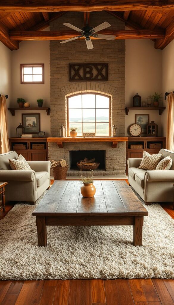 A cozy farmhouse living room with rustic wood elements. In the foreground, a weathered wooden coffee table sits atop a plush area rug. Surrounding it, two comfortable armchairs and a loveseat in a neutral tone. The middle ground features a large stone fireplace, its mantel adorned with natural wood accents. On the walls, wooden shelves display vintage decor and potted plants. Warm, diffused lighting filters through sheer curtains, casting a soft, inviting glow. In the background, a large window overlooks a picturesque countryside scene. The overall atmosphere is one of simple elegance and timeless charm.