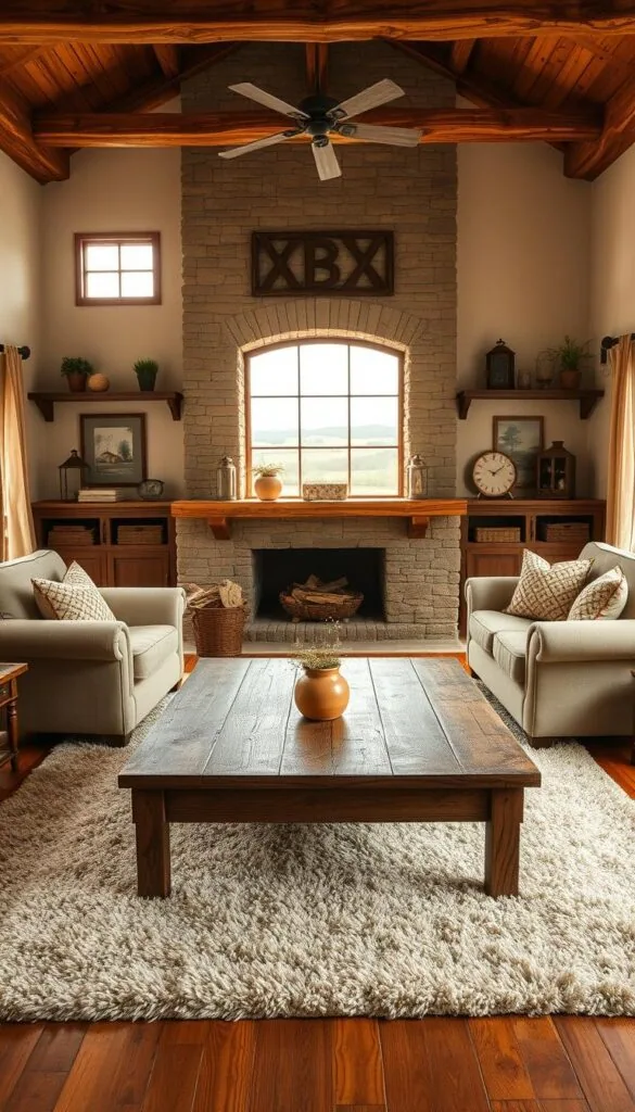 A cozy farmhouse living room with rustic wood elements. In the foreground, a weathered wooden coffee table sits atop a plush area rug. Surrounding it, two comfortable armchairs and a loveseat in a neutral tone. The middle ground features a large stone fireplace, its mantel adorned with natural wood accents. On the walls, wooden shelves display vintage decor and potted plants. Warm, diffused lighting filters through sheer curtains, casting a soft, inviting glow. In the background, a large window overlooks a picturesque countryside scene. The overall atmosphere is one of simple elegance and timeless charm. A cozy farmhouse living room with rustic wood elements. In the foreground, a weathered wooden coffee table sits atop a plush area rug. Surrounding it, two comfortable armchairs and a loveseat in a neutral tone. The middle ground features a large stone fireplace, its mantel adorned with natural wood accents. On the walls, wooden shelves display vintage decor and potted plants. Warm, diffused lighting filters through sheer curtains, casting a soft, inviting glow. In the background, a large window overlooks a picturesque countryside scene. The overall atmosphere is one of simple elegance and timeless charm.