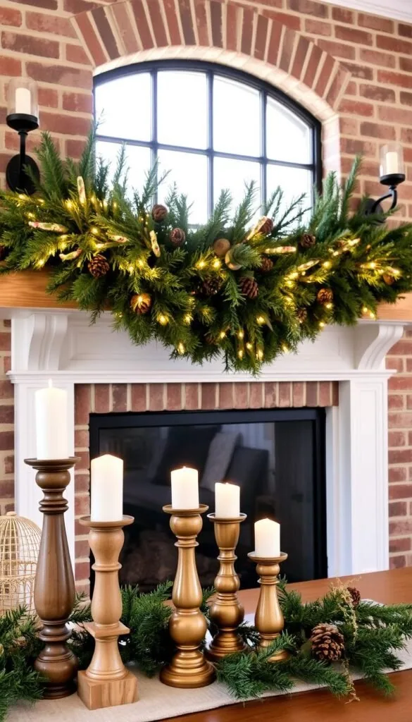 A cozy farmhouse mantel adorned with a lush garland of evergreens, pinecones, and twinkling lights. In the foreground, a collection of weathered wood candlesticks and vintage brass accents add a rustic elegance. Flanking the mantel, wall-mounted sconces cast a warm, inviting glow throughout the space. In the background, a large window lets in soft, natural light, highlighting the textured brick surround. The scene exudes a sense of charming, holiday cheer, blending modern farmhouse style with timeless seasonal touches. A cozy farmhouse mantel adorned with a lush garland of evergreens, pinecones, and twinkling lights. In the foreground, a collection of weathered wood candlesticks and vintage brass accents add a rustic elegance. Flanking the mantel, wall-mounted sconces cast a warm, inviting glow throughout the space. In the background, a large window lets in soft, natural light, highlighting the textured brick surround. The scene exudes a sense of charming, holiday cheer, blending modern farmhouse style with timeless seasonal touches.