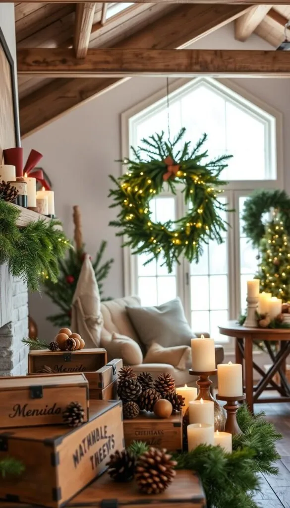 A cozy farmhouse scene featuring rustic Christmas decorations adorning the mantel, shelves, and tabletops. In the foreground, a collection of aged wooden boxes, pinecones, and weathered candles create a warm, textured display. The middle ground showcases a lush, freshly-cut evergreen wreath hung on the wall, its branches intertwined with twinkling fairy lights. In the background, a large window floods the room with soft, natural light, illuminating the aged wooden beams and plank floors. The overall atmosphere is one of simple elegance and timeless charm, embodying the essence of a modern farmhouse Christmas. A cozy farmhouse scene featuring rustic Christmas decorations adorning the mantel, shelves, and tabletops. In the foreground, a collection of aged wooden boxes, pinecones, and weathered candles create a warm, textured display. The middle ground showcases a lush, freshly-cut evergreen wreath hung on the wall, its branches intertwined with twinkling fairy lights. In the background, a large window floods the room with soft, natural light, illuminating the aged wooden beams and plank floors. The overall atmosphere is one of simple elegance and timeless charm, embodying the essence of a modern farmhouse Christmas.