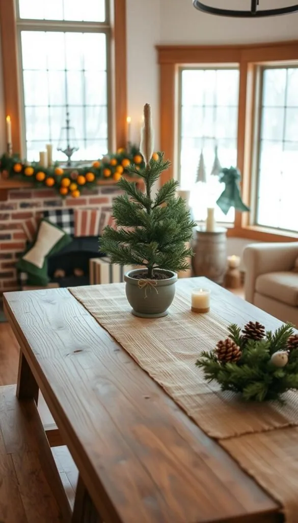 A cozy farmhouse-style Christmas scene, with a natural, rustic charm. In the foreground, a simple wooden table is adorned with a burlap runner, pine cones, and a few candles. Atop the table, a modest wreath of evergreen branches and a small, unadorned Christmas tree in a weathered pot. The middle ground features a brick fireplace, its mantle decorated with a garland of dried citrus and greenery. Warm, soft lighting filters through the scene, casting a gentle glow. In the background, a large window overlooks a snowy winter landscape, hinting at the peaceful, serene atmosphere. An inviting, budget-friendly farmhouse aesthetic, perfect for the holiday season. A cozy farmhouse-style Christmas scene, with a natural, rustic charm. In the foreground, a simple wooden table is adorned with a burlap runner, pine cones, and a few candles. Atop the table, a modest wreath of evergreen branches and a small, unadorned Christmas tree in a weathered pot. The middle ground features a brick fireplace, its mantle decorated with a garland of dried citrus and greenery. Warm, soft lighting filters through the scene, casting a gentle glow. In the background, a large window overlooks a snowy winter landscape, hinting at the peaceful, serene atmosphere. An inviting, budget-friendly farmhouse aesthetic, perfect for the holiday season.