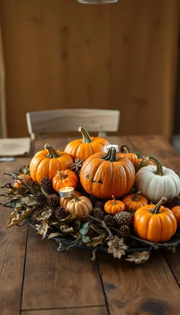 A cozy farmhouse-style Halloween centerpiece, featuring a rustic wooden table with a weathered finish. On the table, a mix of pumpkins in various sizes and shades of orange, some with simple carved faces, sit atop a bed of dried leaves, twigs, and pinecones. Sprinkled throughout are small tealight candles, their warm flickering flames casting a soft, inviting glow. In the background, a backdrop of earthy tones, perhaps a burlap runner or a wooden plank wall, completes the charming, autumnal scene. Crisp lighting from above, capturing the natural textures and tones, lends an intimate, harvest-time ambiance to the overall composition.